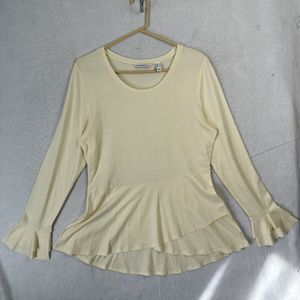 Isaac Mizrahi Live Women Medium Peplum Top Cream Bell Sleeve Stretch Layered